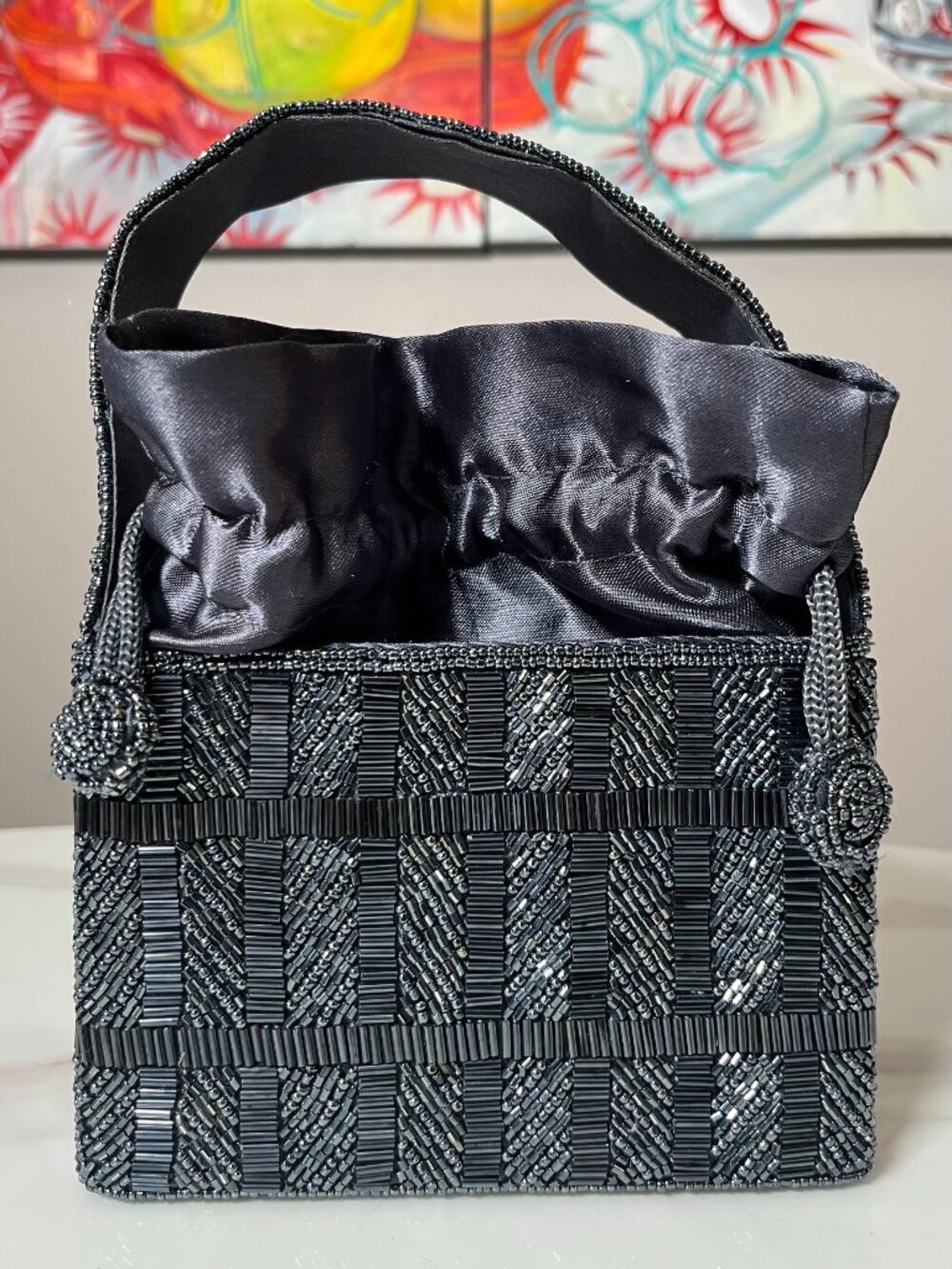 La Regale Gunmetal Gray Beaded Art Deco Vintage Top Handle Evening Bag - Picture 2 of 13